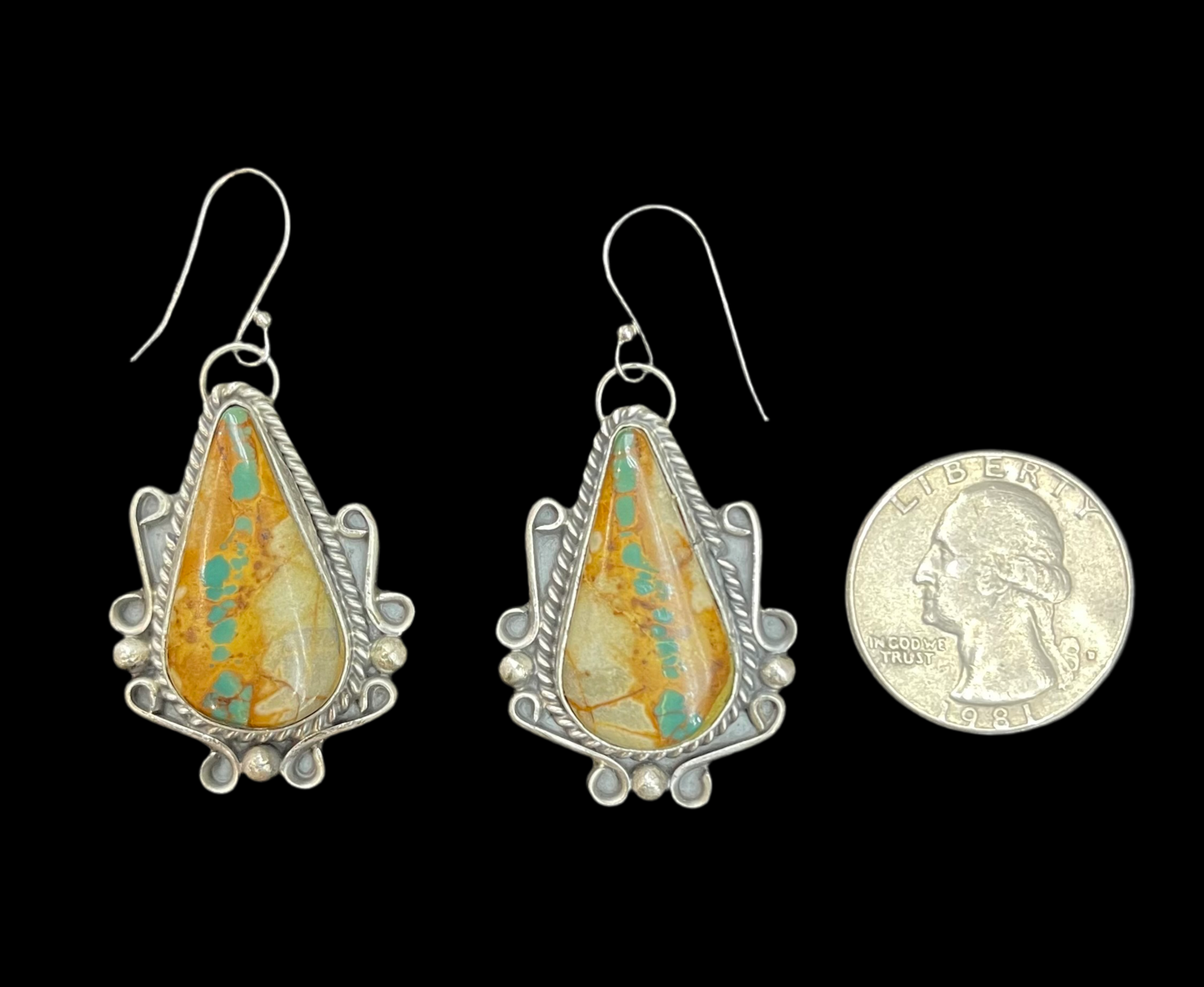 3 Piece Ribbon Turquoise 26" Lariat, 7.5 Ring, and Earring Set by Gilbert Nez, Navajo