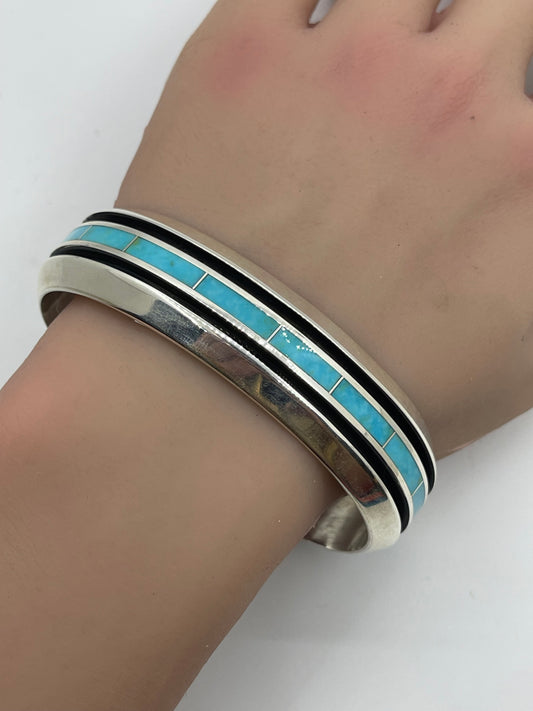 7 1/4" Inlay Turquoise Tile Cuff by Lawrence Loretto, Zuni