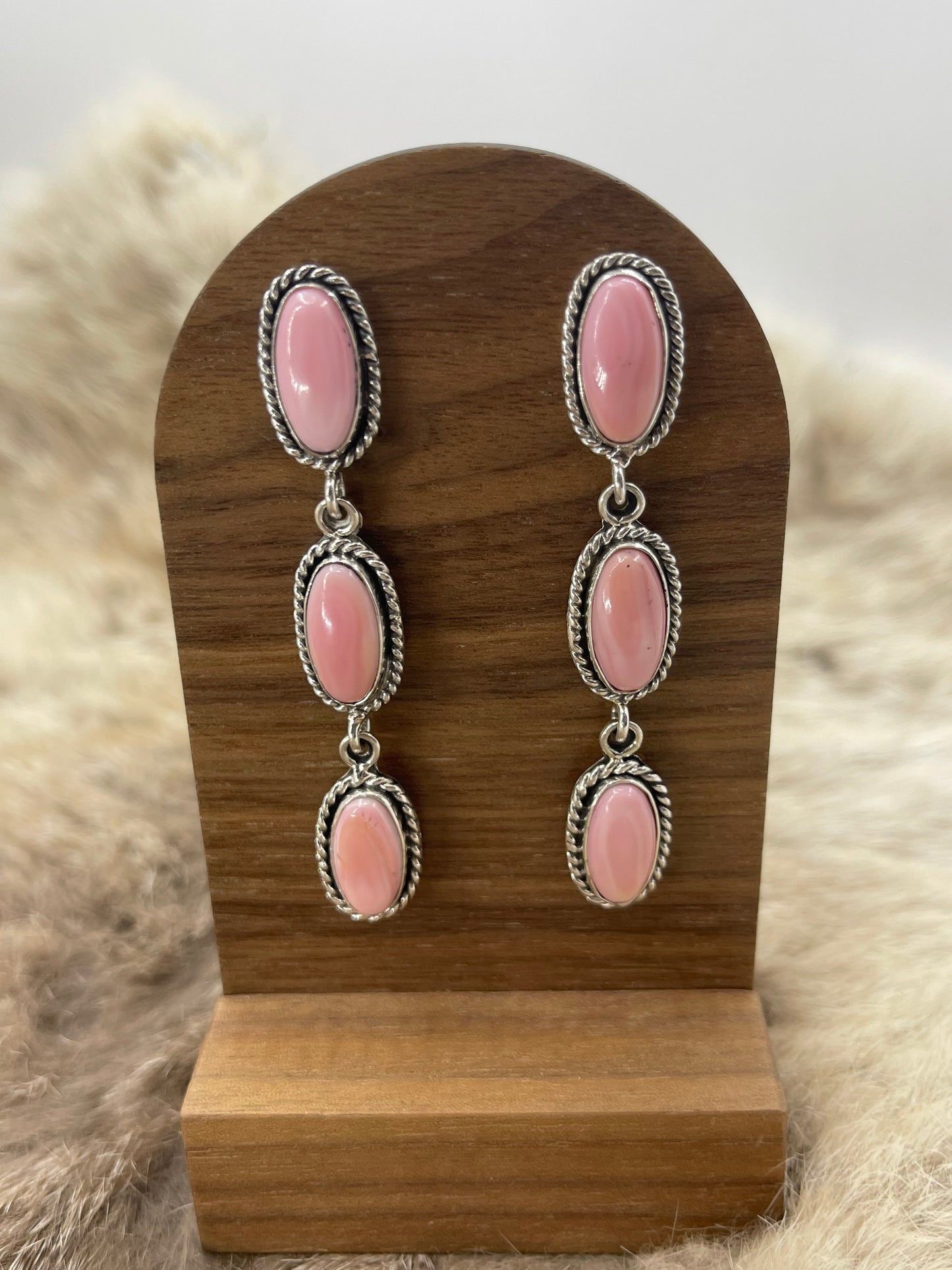 3 Stone Drop Dangles Pink Conch Shell Earrings