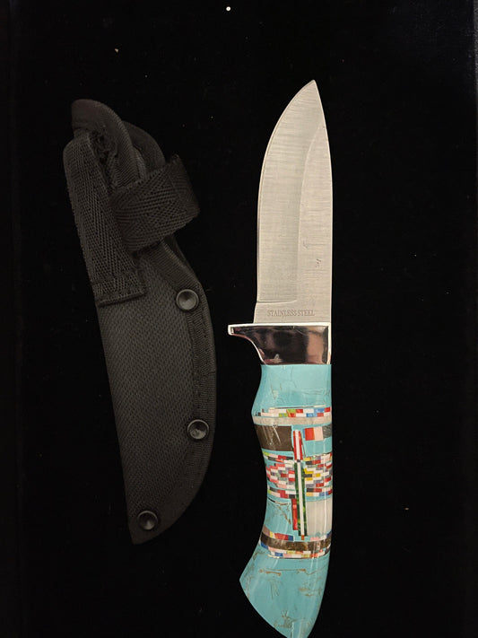 5" Handle 4" Blade Turquoise Inlay Fixed Blade Knife with Nylon Sheath