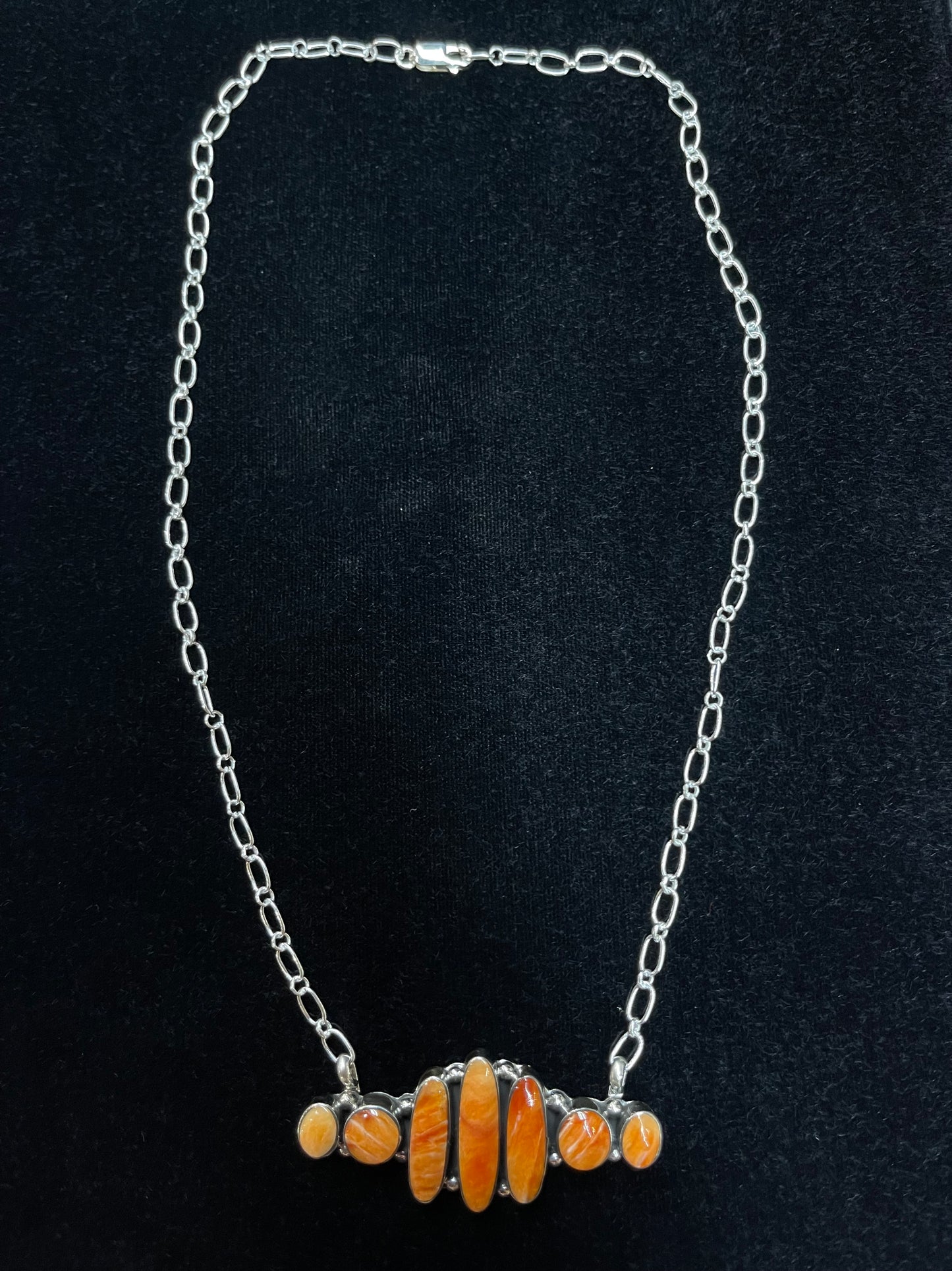 16" Orange Spiny Oyster Seven Stone Necklace by Kimberly Yazzie, Navajo