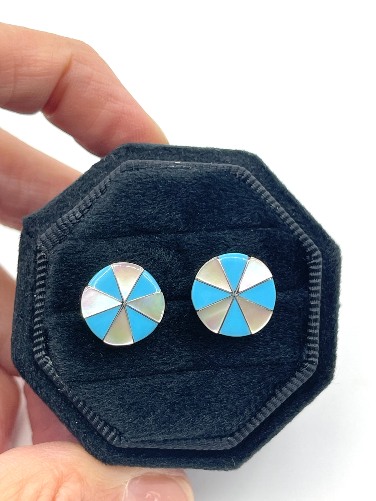 LOT 66 A 9/6 Mother of Pearl and Turquoise Inlay Circle Earrings by Johnson Laweka, Zuni