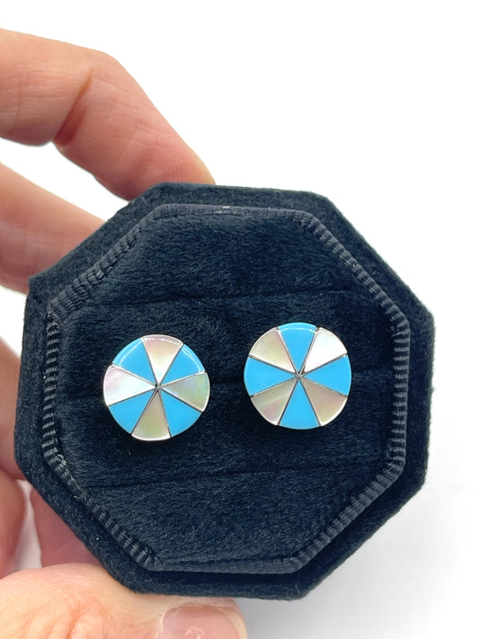 White Opal and Turquoise Inlay Circle Earrings by Johnson Laweka, Zuni