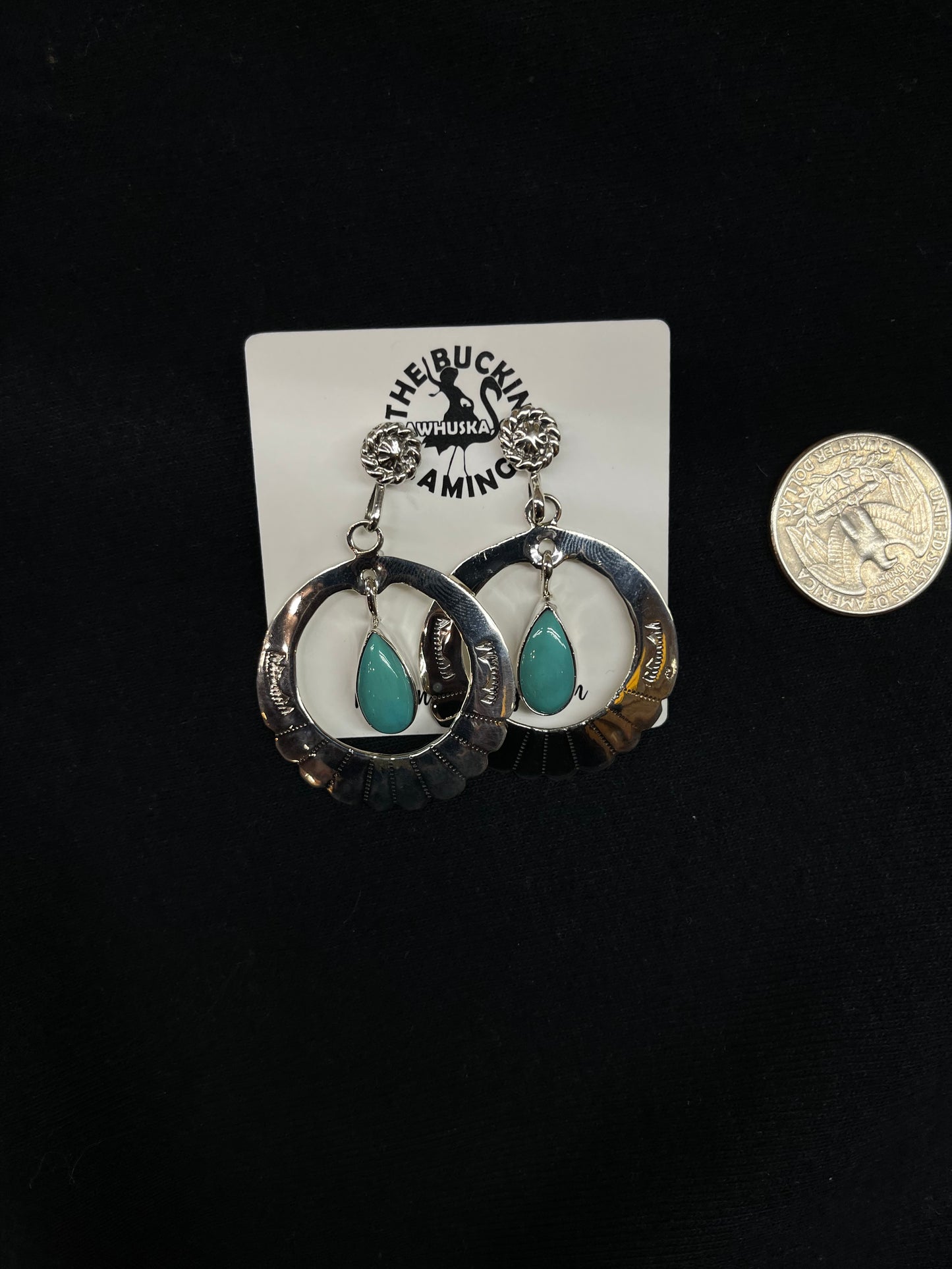 Turquoise Circle Teardrop Post Dangle Earrings by Sheena Jack, Navajo