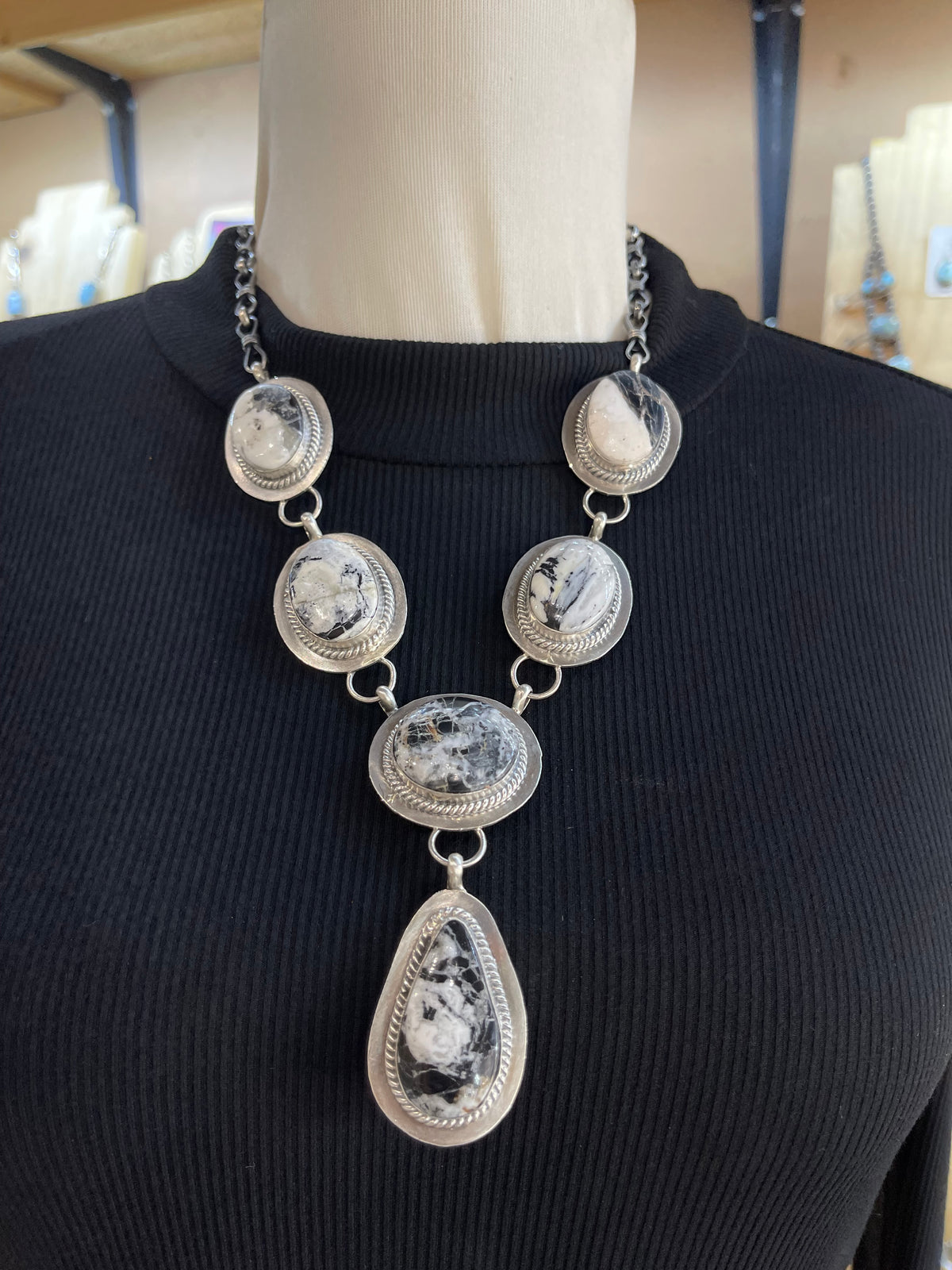 20" + 3" Drop 6 Stone White Buffalo Lariat Necklace by Lyle Piaso, Navajo