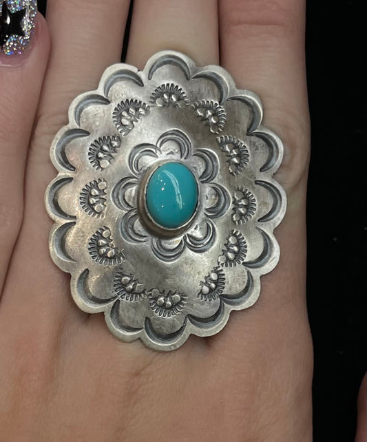 6.0 Turquoise Concho Ring by J. Piaso, Jr., Navajo