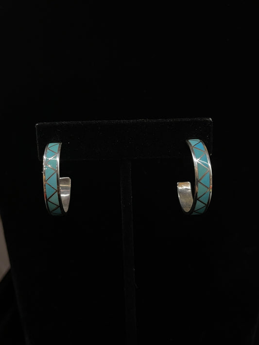 LOT 64 1/11 Turquoise Inlay Hoop Earrings by Joann Peina, Zuni