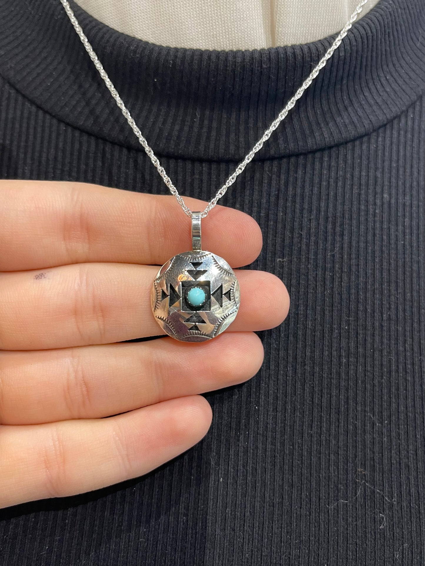 18" Shadowbox Pendant with Turquoise Necklace by Felix Perry, Navajo