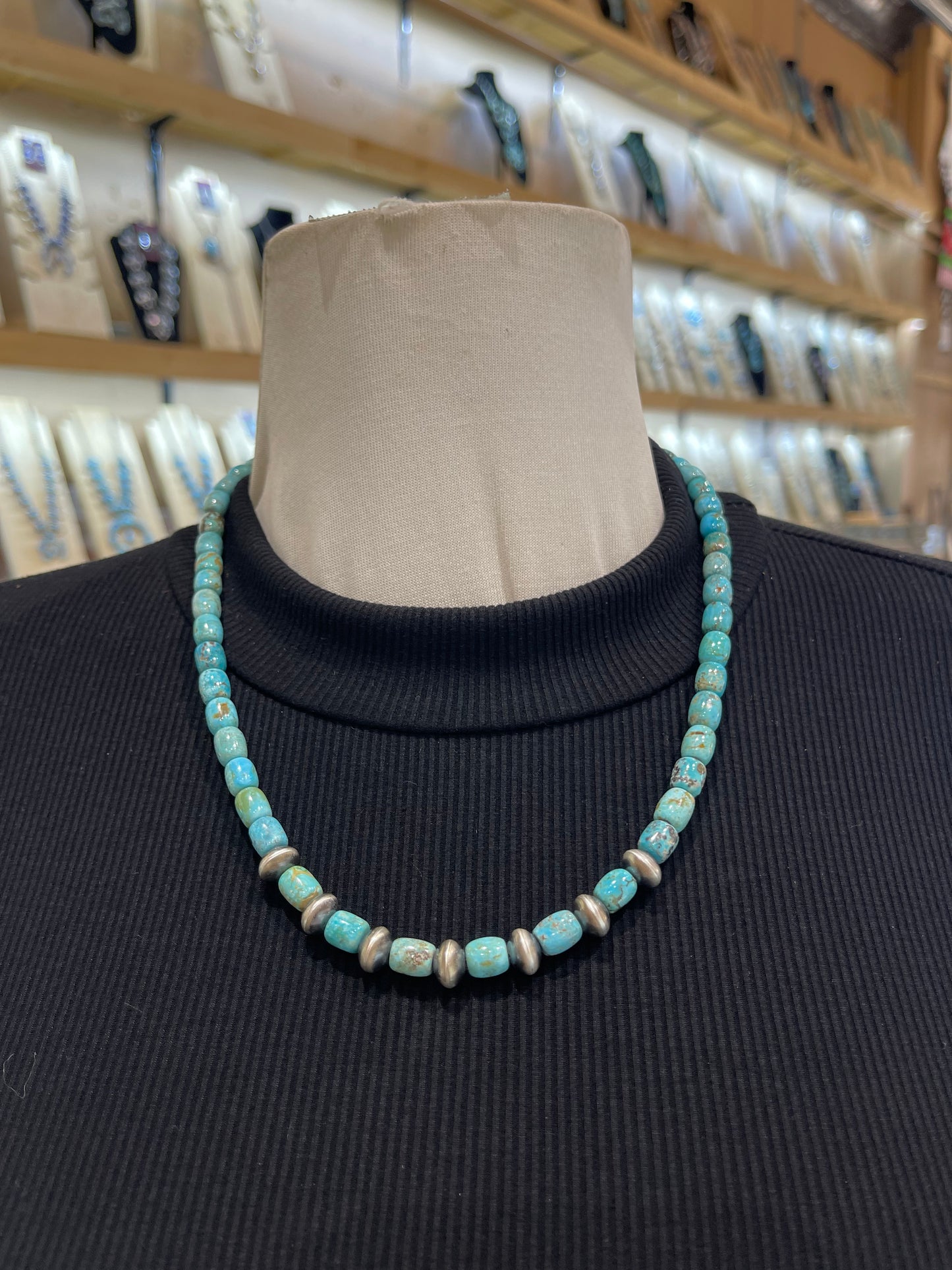 20” Turquoise Cylinder Beads & Handmade Navajo Pearls by Tammy Nolcotte, Navajo