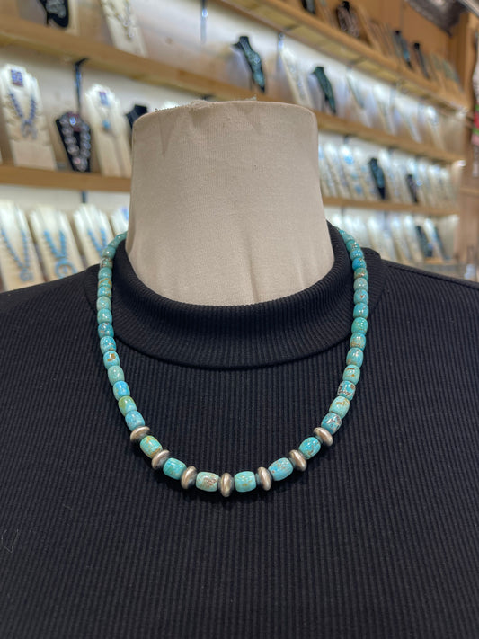 20” Turquoise Cylinder Beads & Handmade Navajo Pearls by Tammy Nolcotte, Navajo