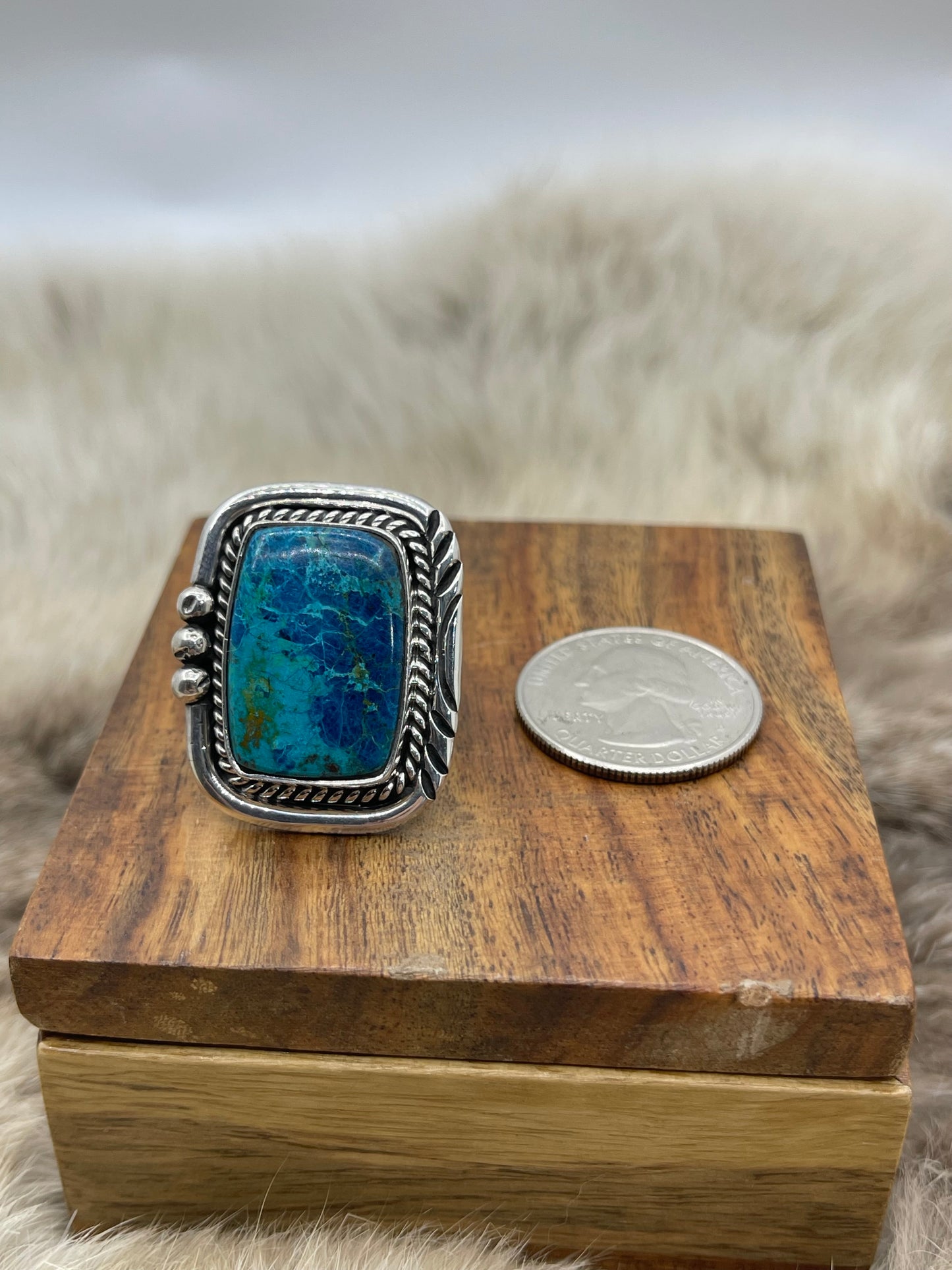 8.0 Square Azurite Chrysocolla Ring By Ray Tom, Navajo