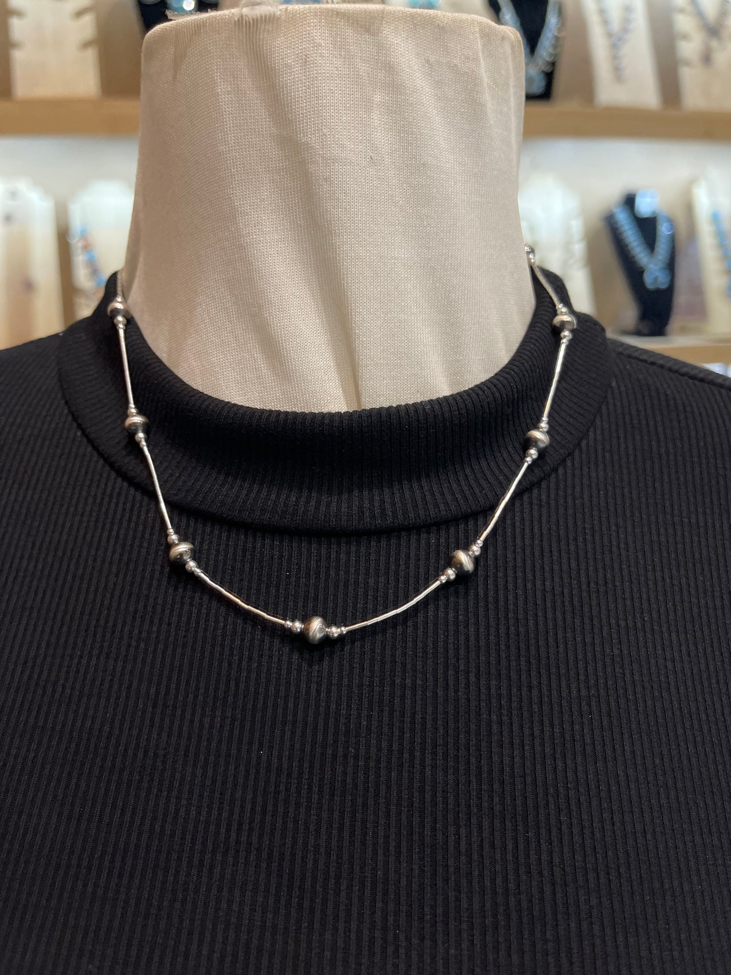 17" Liquid Silver Strand With 6mm Navajo Style Pearls
