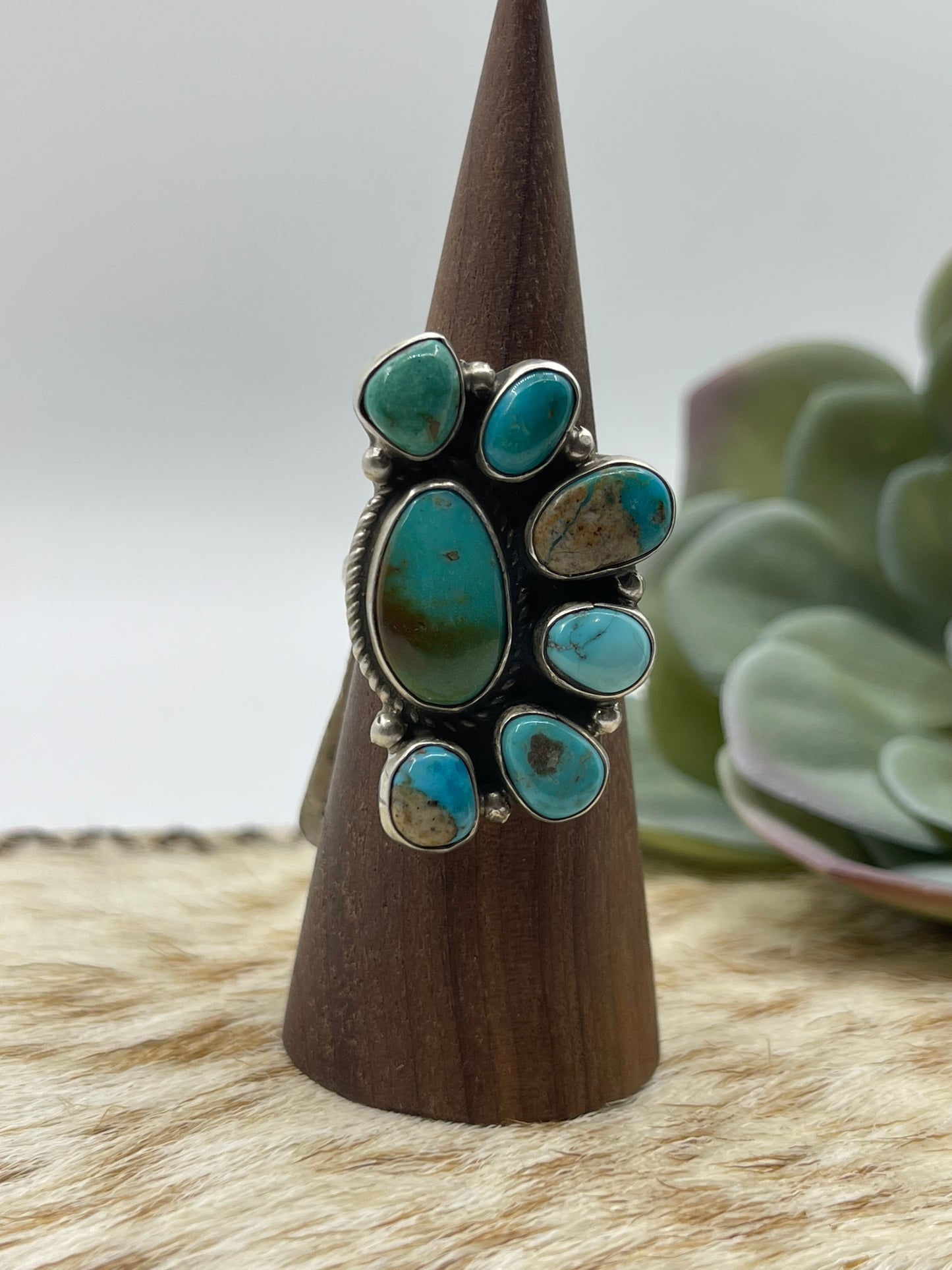 6.0-10.0 Adjustable Kingman Turquoise Half Cluster Ring by Geraldine James, Navajo
