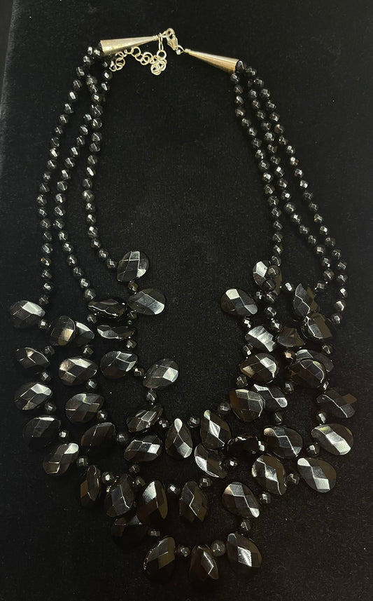 17"+3" Extender Three Strand Faceted Black Onyx Beaded Necklace