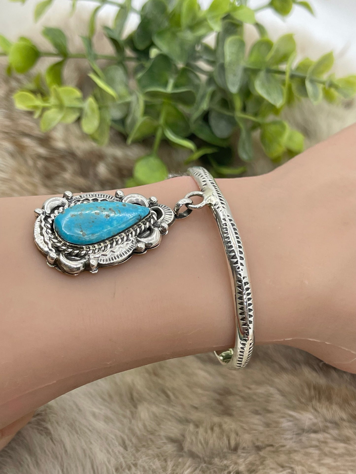5.5"-7" Silver Cuff With Dangle Turquoise By Dorthy Lee, Navajo