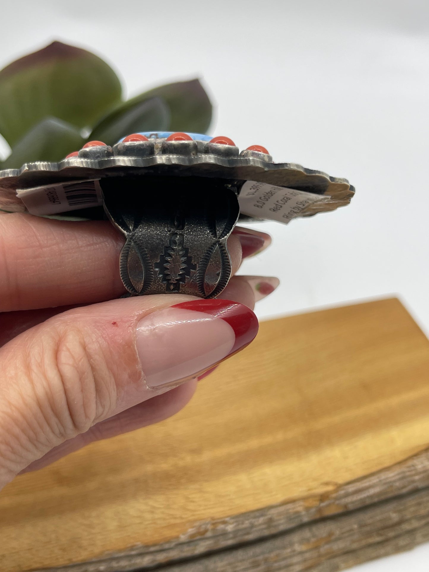 8.0 Golden Hills and Red Coral Tufa Cast Ring by Shawn Cayatineto, Navajo