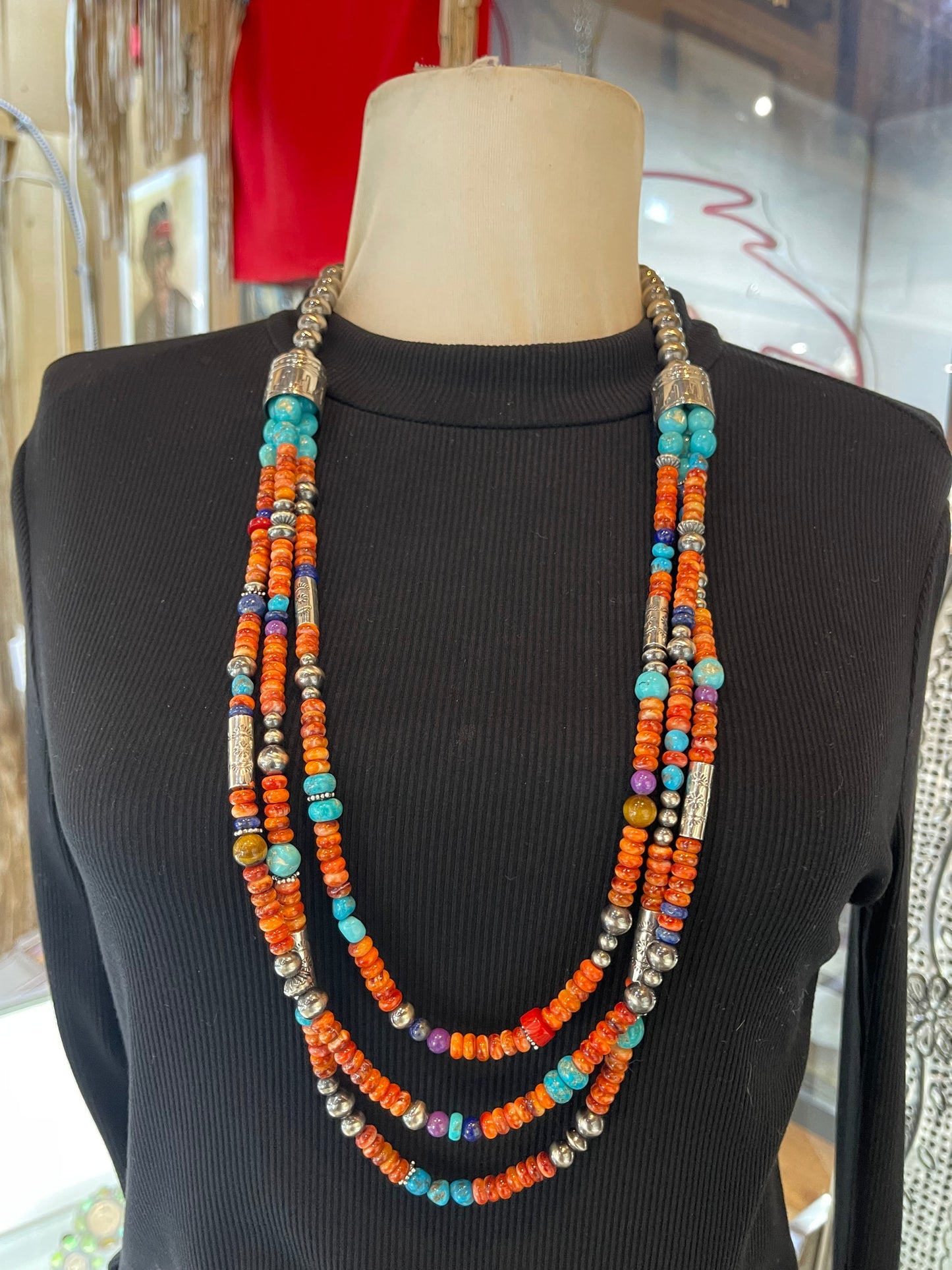 30" 3 Strand Spiny Oyster with Multi Stones & Navajo Style Pearls