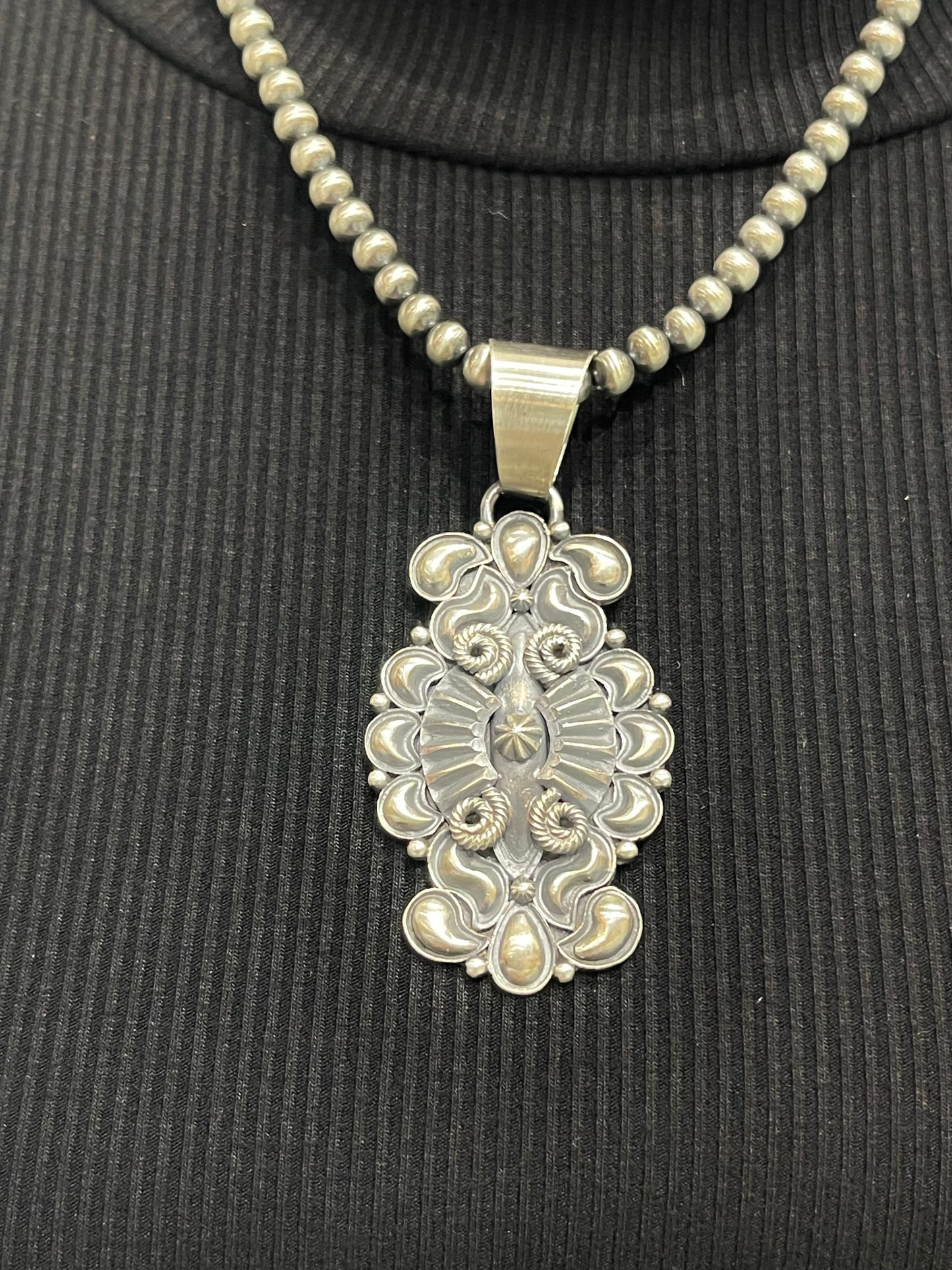 18" 5mm Navajo Style Pearls Silver Concho Pendant by Derrick Gordon, Navajo