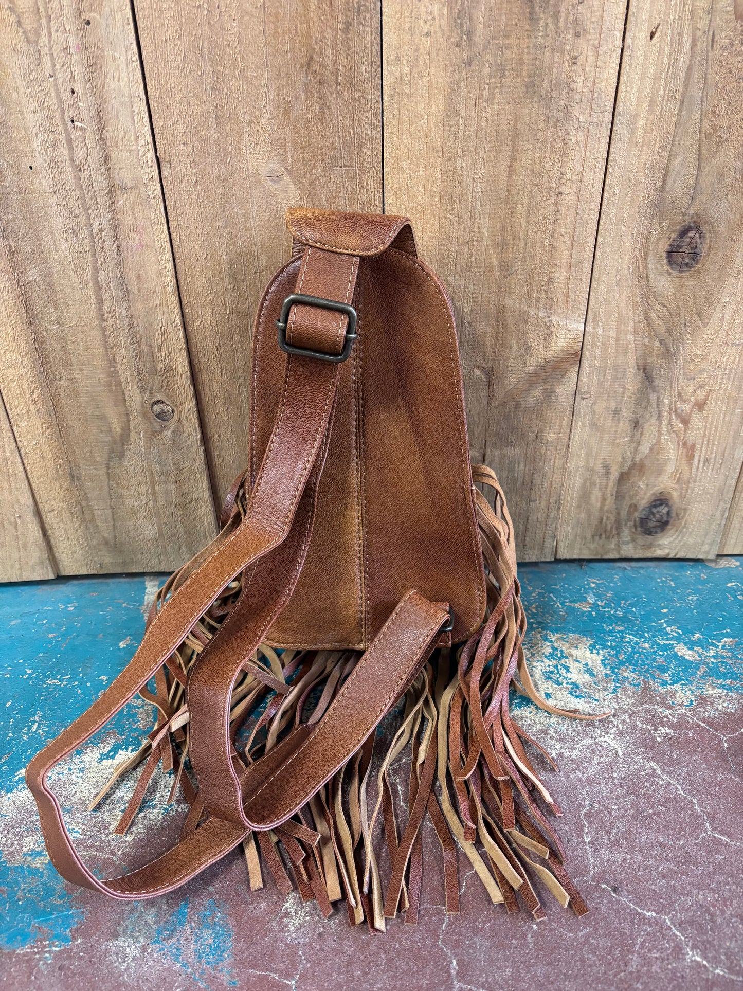 Brown Leather Flower Tooled Fringe Sling Bag/Purse