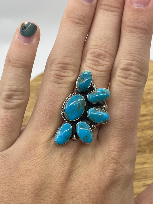 8.0 Turquoise Half Cluster Ring by Leona Delgarito, Navajo