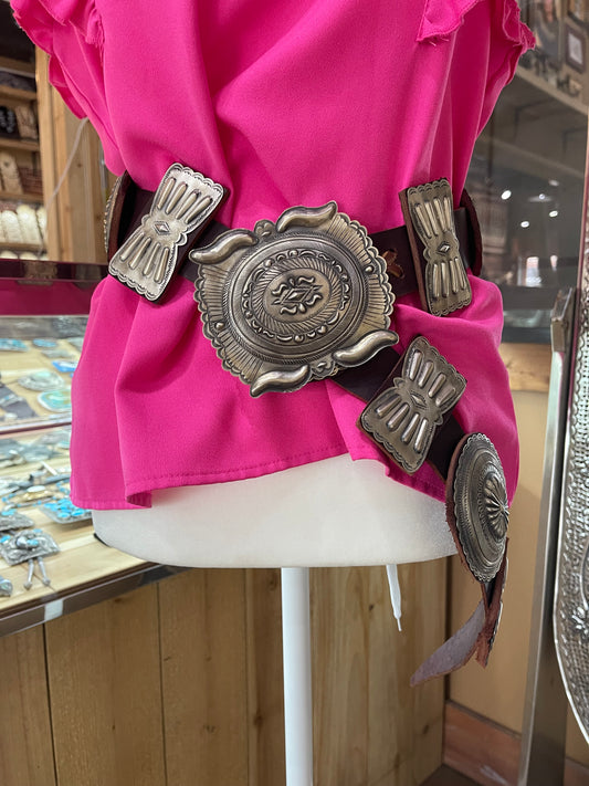 44" Large Concho Leather Belt by Eugene Charley, Navajo