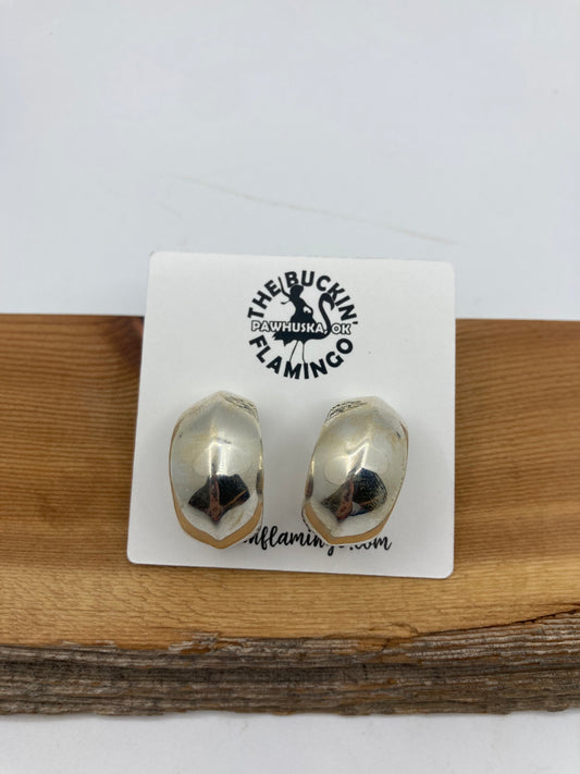 Wide Silver Half Hoop Post Earrings by Louise BigHand, Navajo