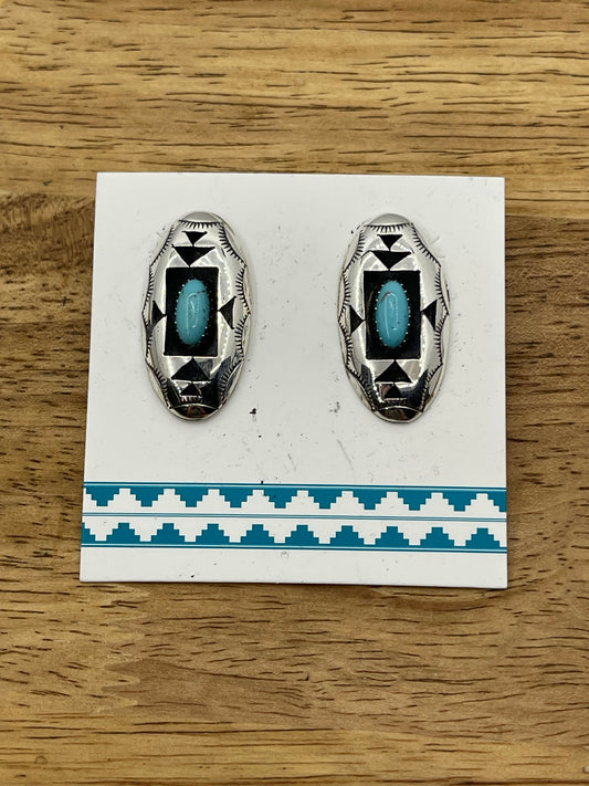 Turquoise Shadowbox Post Earrings by Felix Perry, Navajo