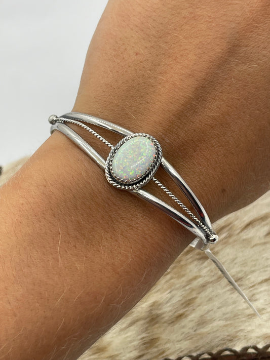 6"-7" White Opal Oval Cuff by Alice Saunders, Navajo