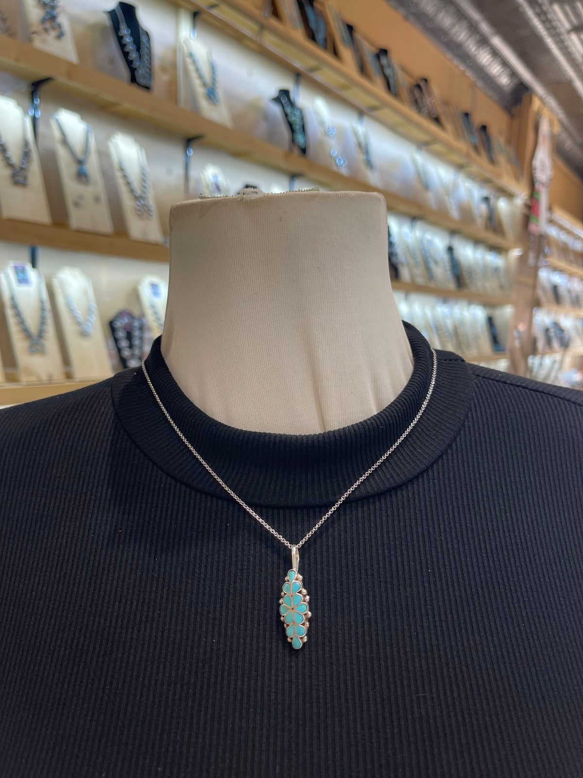 18" Inlay Turquoise Flower Pendant by Gina Dosedo, Zuni