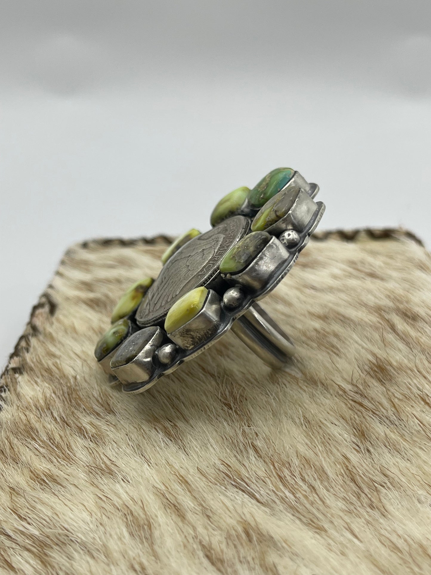 Palomino Turquoise Cluster with Silver Half Dollar Ring