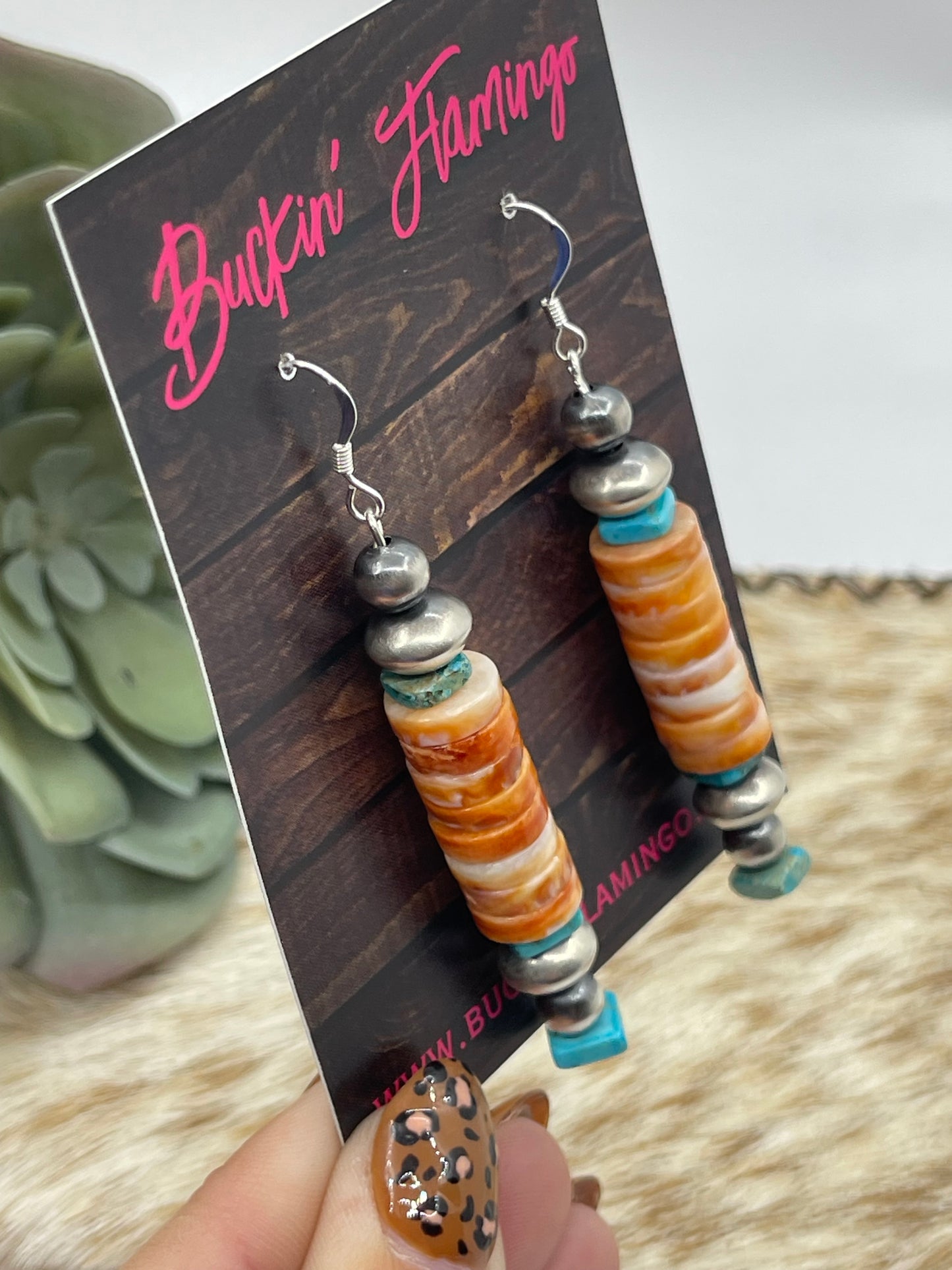 Orange Spiny Oyster Shell, Turquoise, and Navajo Pearls Dangle Earrings