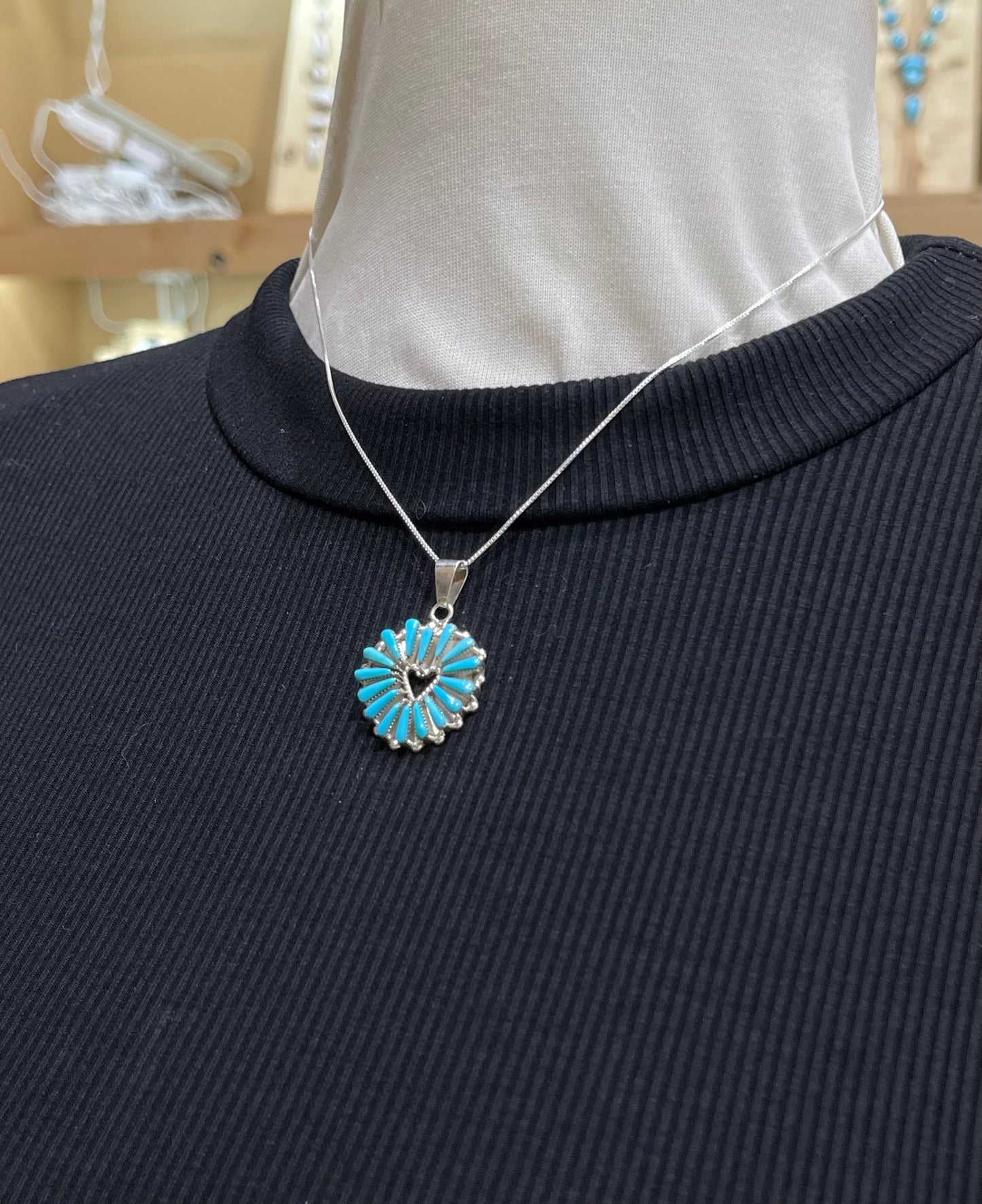 16" Turquoise Needlepoint Heart Necklace by Rebecca B. Laate, Zuni