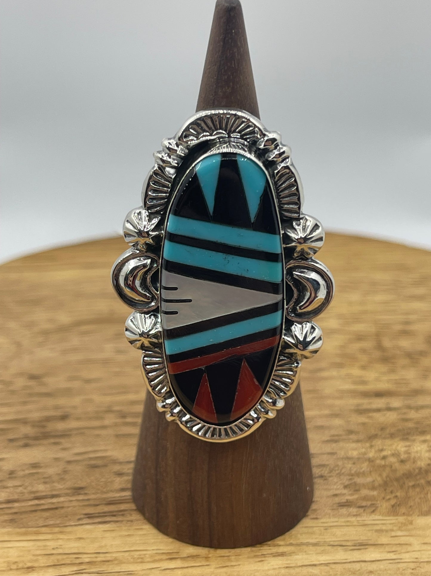 8.0 Inlay Turquoise, Coral, Onyx, and Pearl Ring by Leslie and Gladys Lamy, Zuni