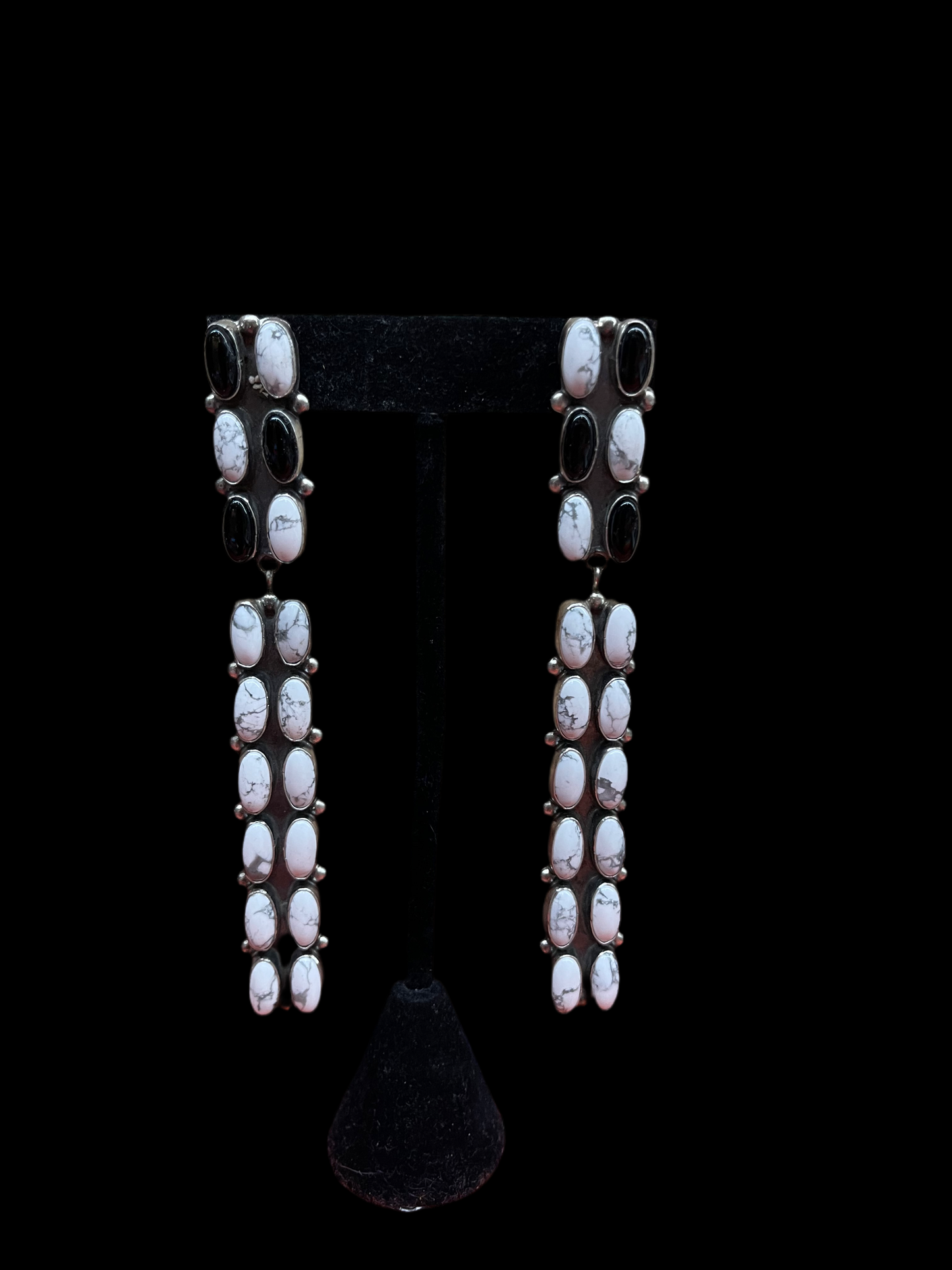 White Buffalo and Black Onyx Post Dangles by Jaqueline Silver, Navajo