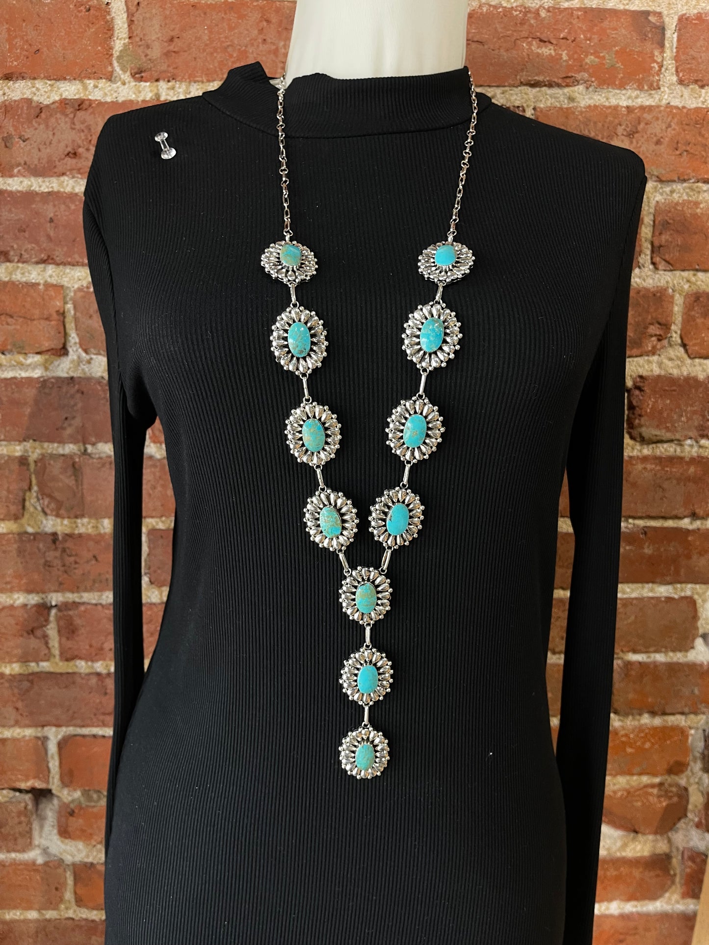 34"+5" Kingman Turquoise Lariat Necklace by Leona Delgarito, Navajo