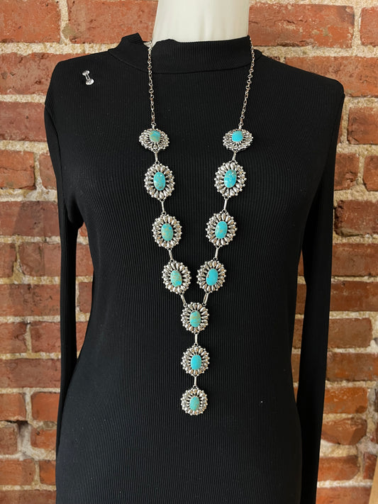 34"+5" Kingman Turquoise Lariat Necklace by Leona Delgarito, Navajo
