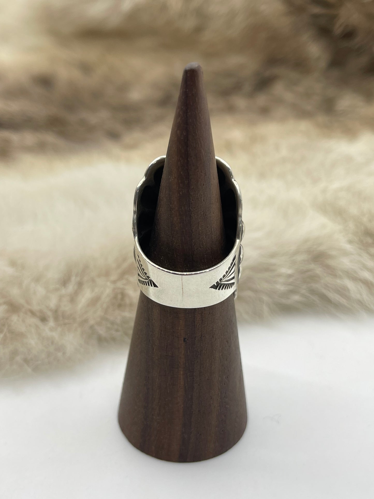 7.5 Silver Oval Concho Ring by Darnell Cadman, Navajo