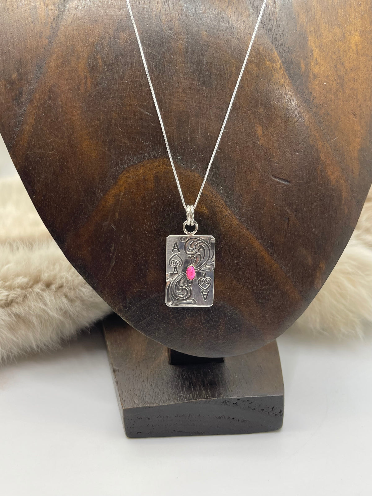 18" Hot Pink Opal Ace of Spades Playing Card Necklace by Mike Smith, Navajo