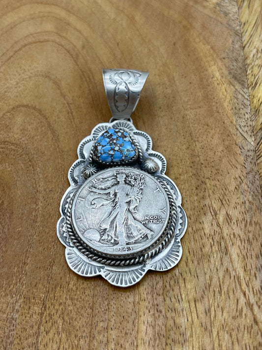 1943 Silver Walking Liberty Coin and Golden Hills Turquoise Pendant