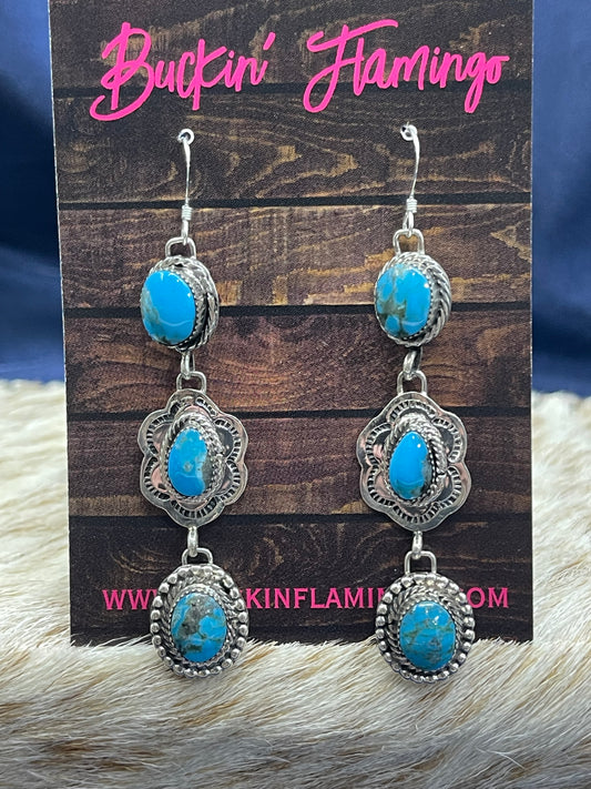 3 Stone Turquoise Drop Dangle Earrings