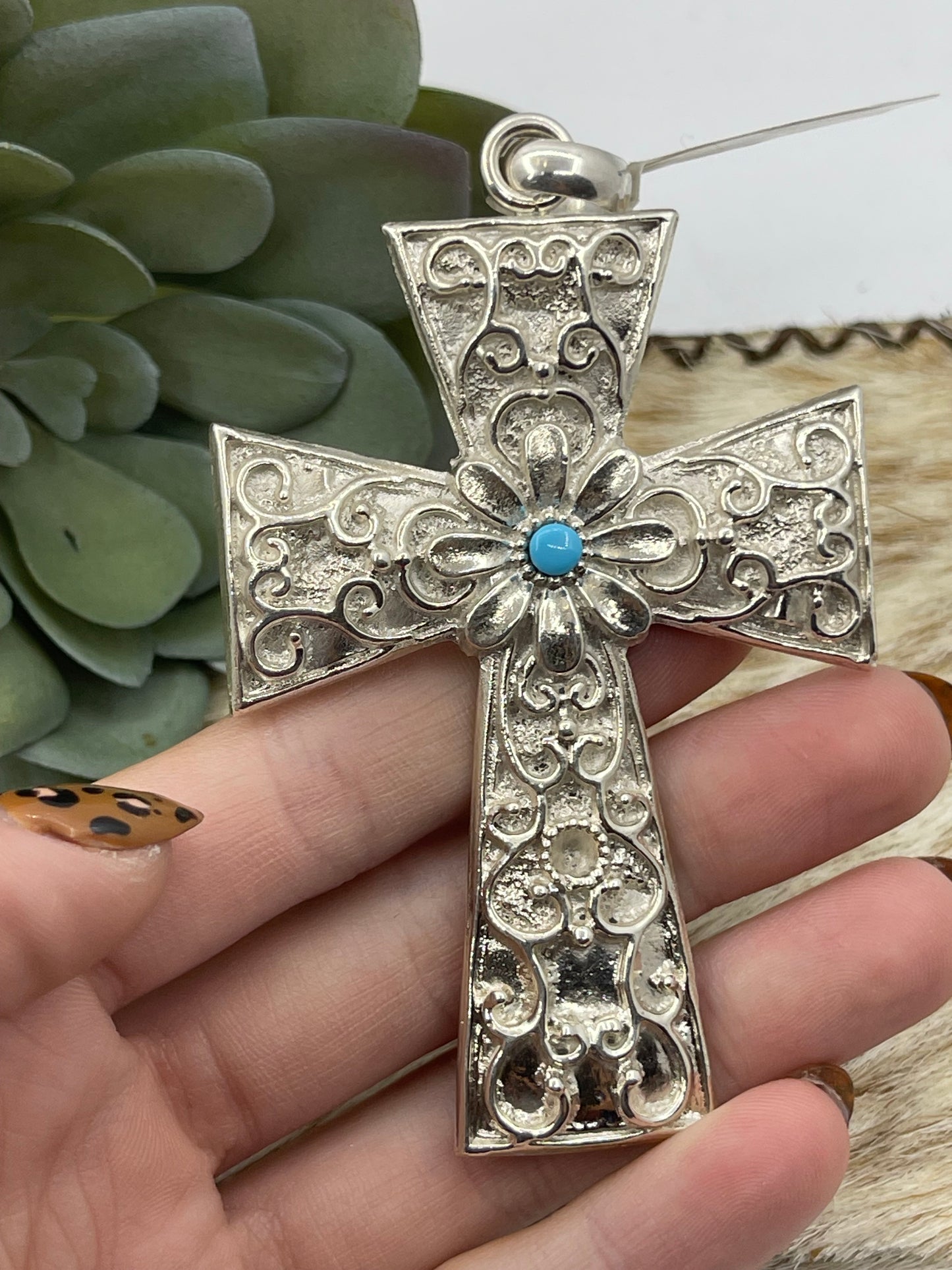 Heavy Silver Cross Pendant with Turquoise and a 10mm Bale by Virick Laweka, Zuni