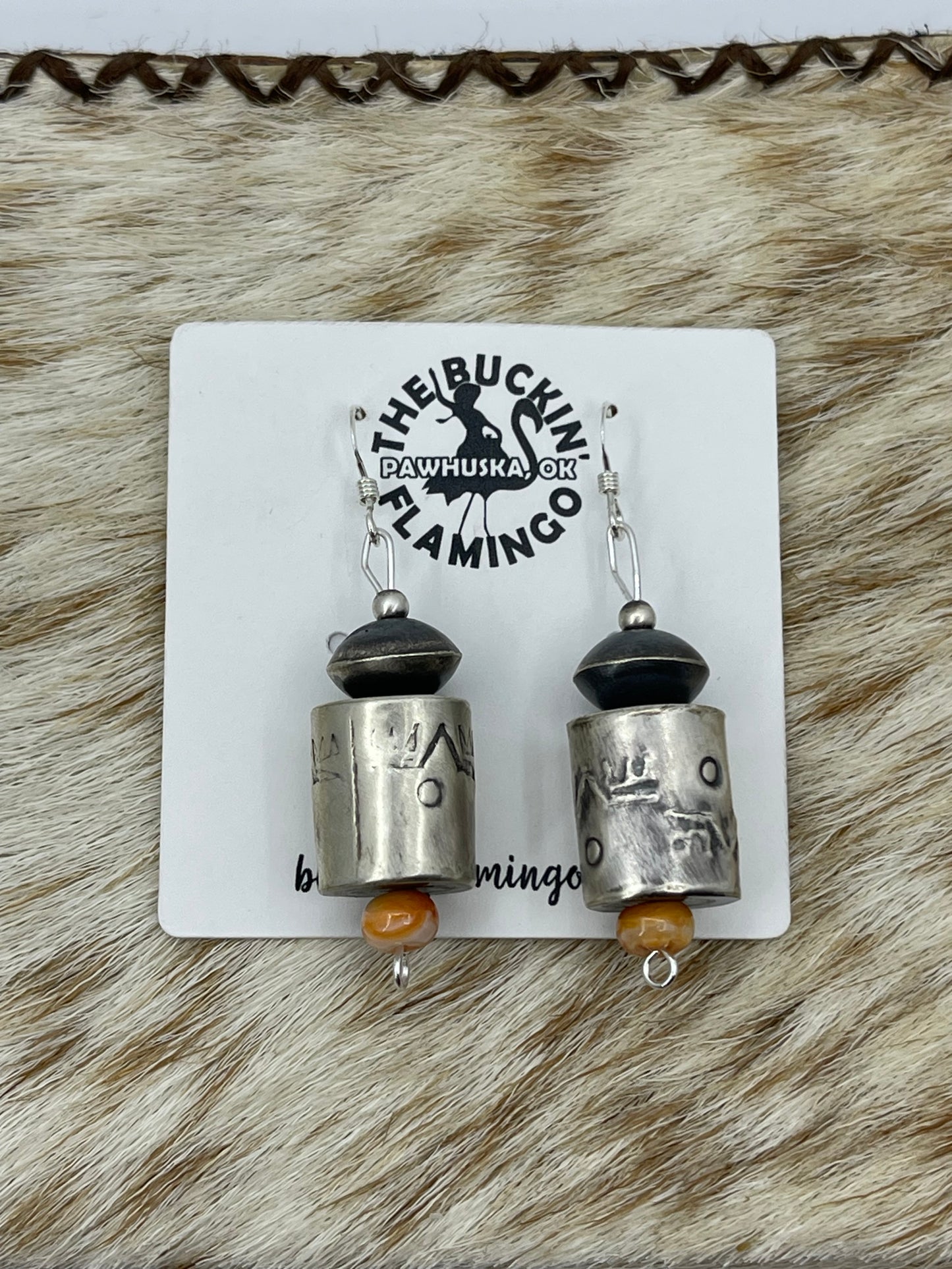 Handmade Orange Spiny Barrel Navajo Pearl Beaded Dangle Earrings by Shelby Montoya, Navajo