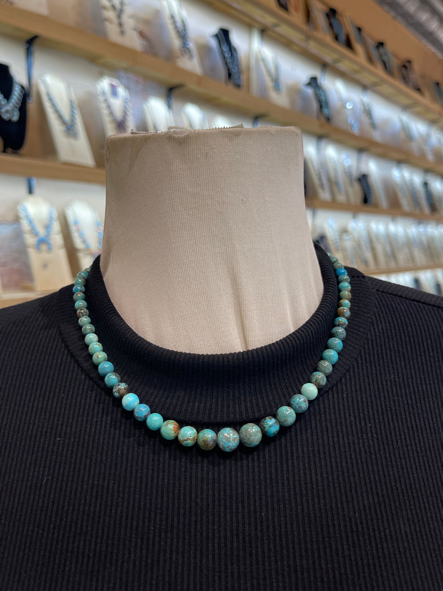 18” 4mm-9mm Graduated Round Bead Kingman Turquoise Necklace by Tammy Nolcott, Navajo