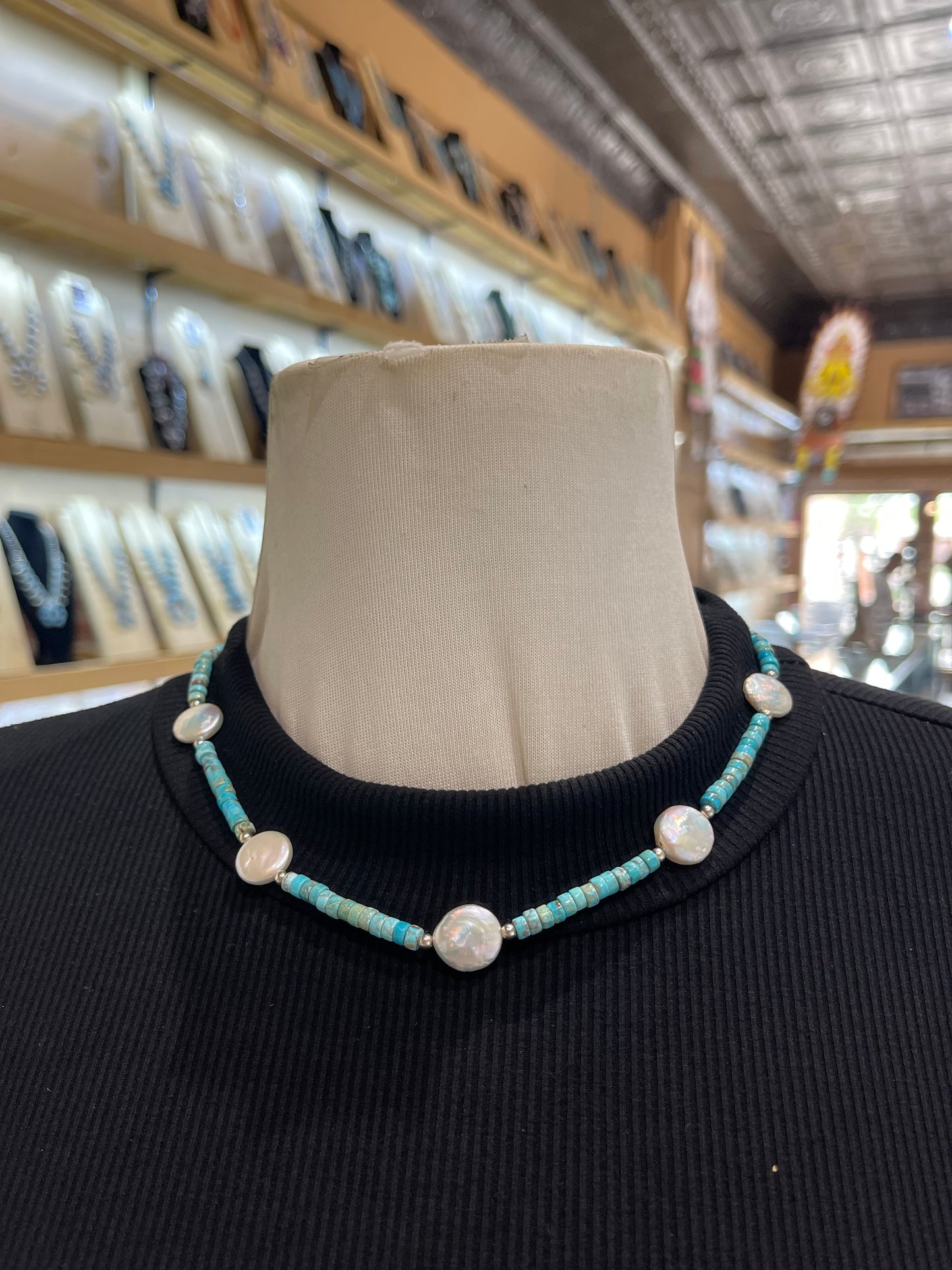18" Turquoise Heishi with Fresh Water Pearls Necklace