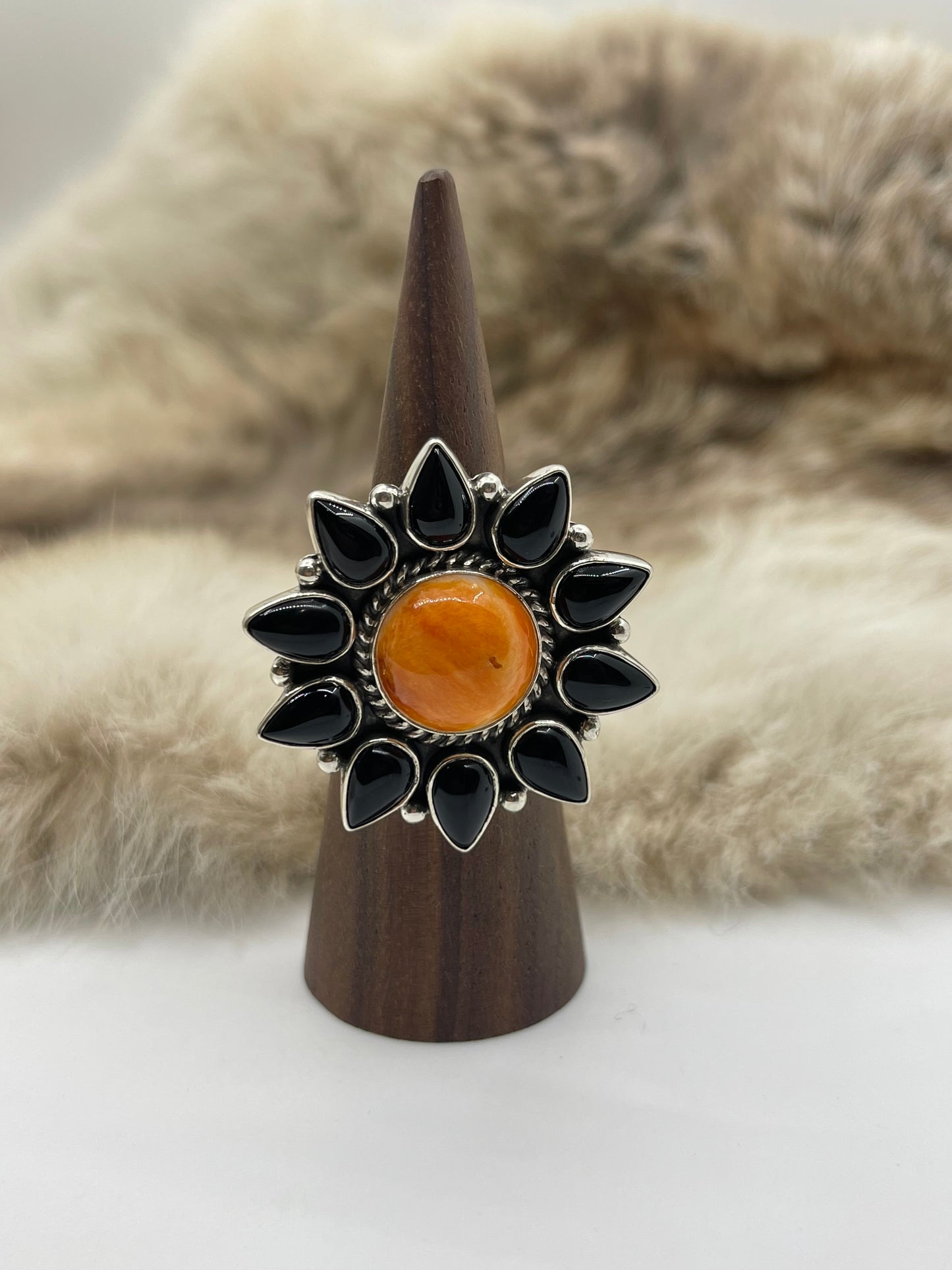 8.0 Black Onyx & Orange Spiny Cluster Ring
