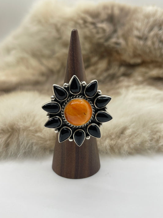 8.0 Black Onyx & Orange Spiny Cluster Ring