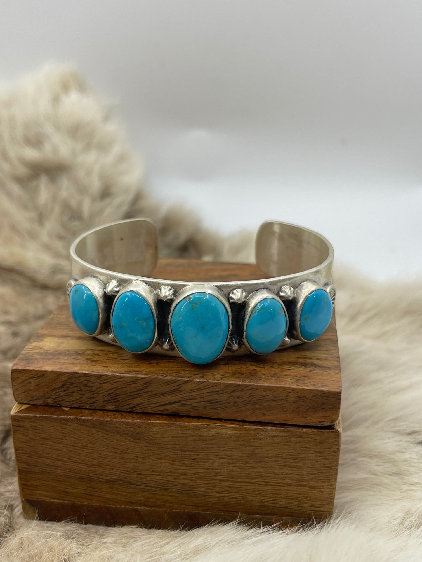 Bigger Size 5 Stone Turquoise Cuff 6.75"-7.5"