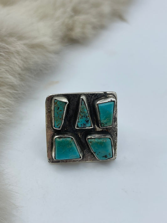 7.5 5 Stone Square Ring by Jude Candelaria, Zuni