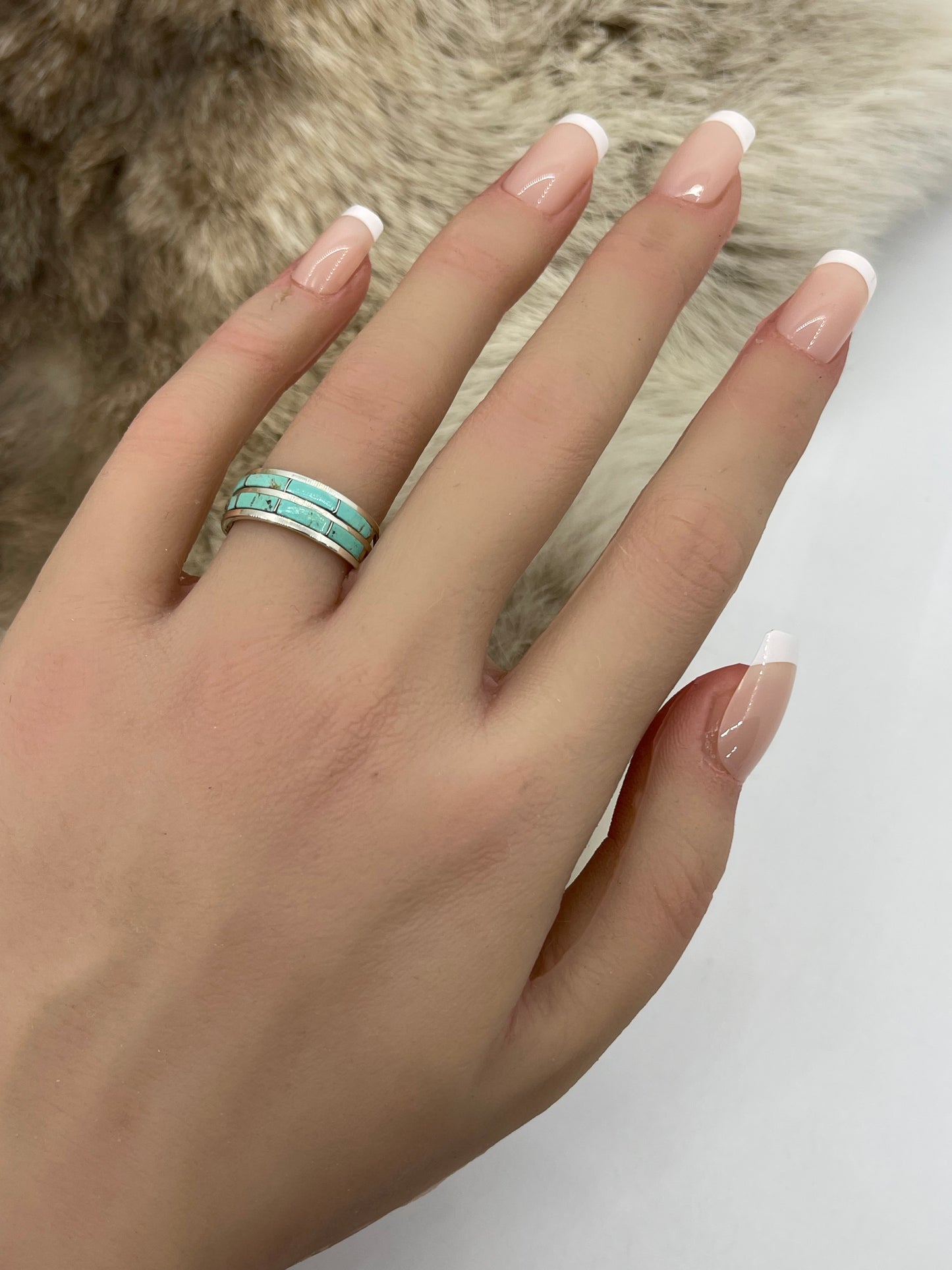 7.0 Two Row Turquoise Inlay Ring by Clarisse Kylestewa, Zuni