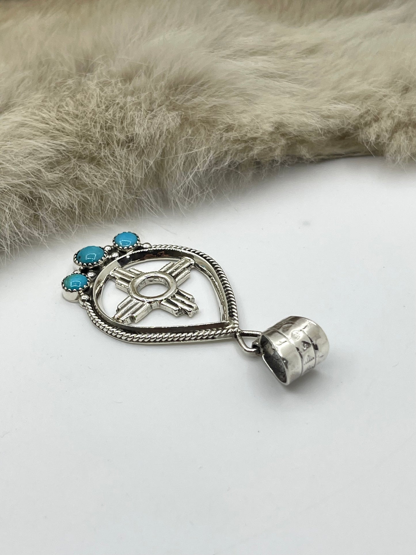 9.2mm Bail Zia Symbol Pendant with 3 Turquoise Stones by Jimmy Garcia, Navajo